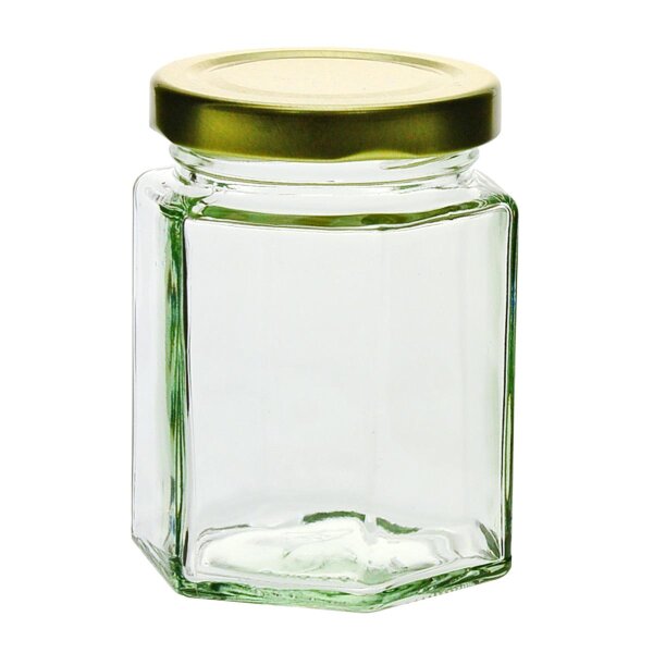 Sechseckiges Glas, 196 ml  mit Schraubverschlussdeckel gold