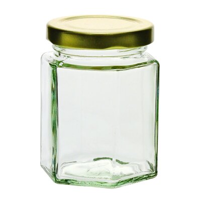 Sechseckiges Glas, 196 ml  mit Schraubverschlussdeckel gold