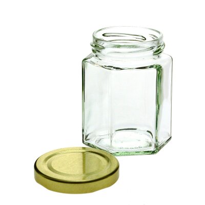 Sechseckiges Glas, 196 ml  mit Schraubverschlussdeckel gold