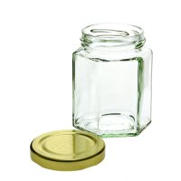 Sechseckiges Glas, 196 ml  mit Schraubverschlussdeckel gold